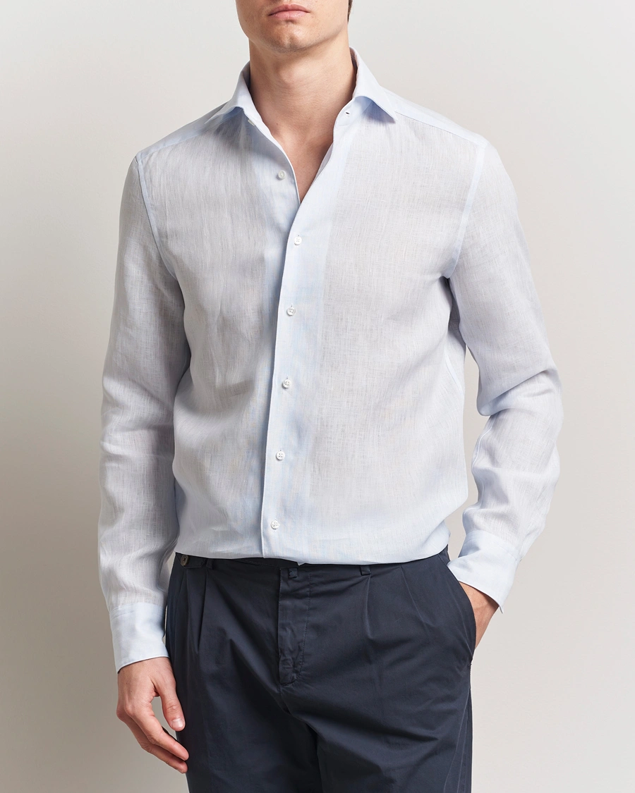 Herr | Skjortor | Stenströms | 1899 Slimline Linen One Piece Collar Shirt Blue