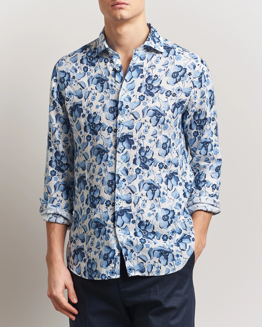 Herr | Skjortor | Stenströms | Fitted Body Flower Printed Linen Shirt Blue