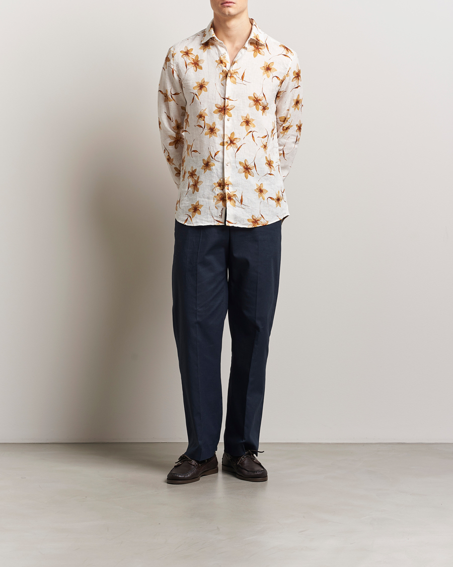 Herr | Skjortor | Stenströms | Fitted Body Flower Printed Linen Shirt White