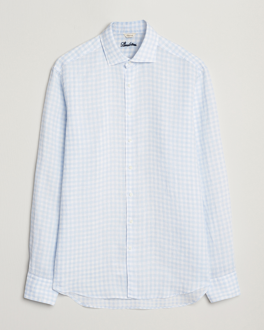 Herr | Skjortor | Stenströms | Fitted Body Checked Linen Shirt Blue