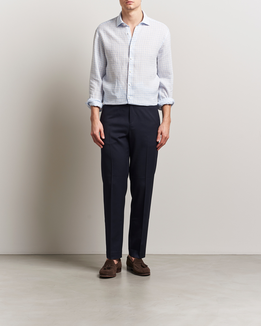 Herr | Skjortor | Stenströms | Fitted Body Checked Linen Shirt Blue