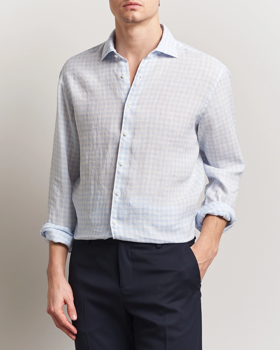 Herr | Skjortor | Stenströms | Fitted Body Checked Linen Shirt Blue