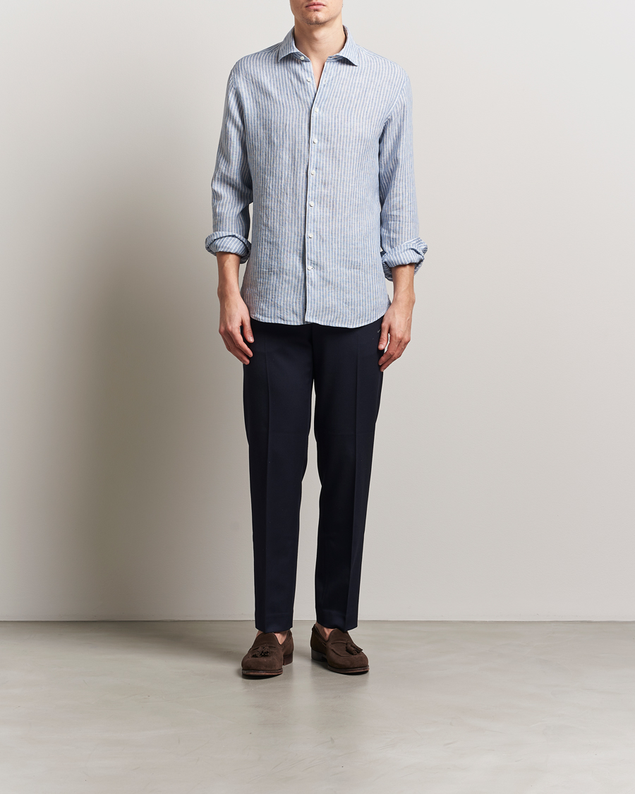 Herr | Skjortor | Stenströms | Fitted Body Striped Linen Shirt Blue