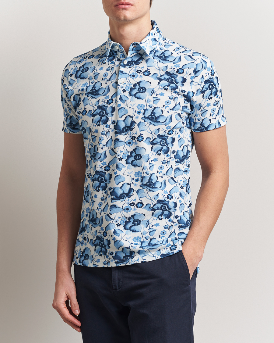 Herr | Pikéer | Stenströms | Cotton Pique Printed Polo Shirt Blue