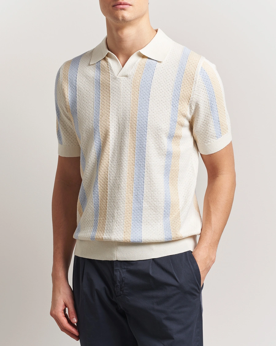 Herr | Pikéer | Stenströms | Knitted Textured Striped Cotton/Hemp Polo Off White