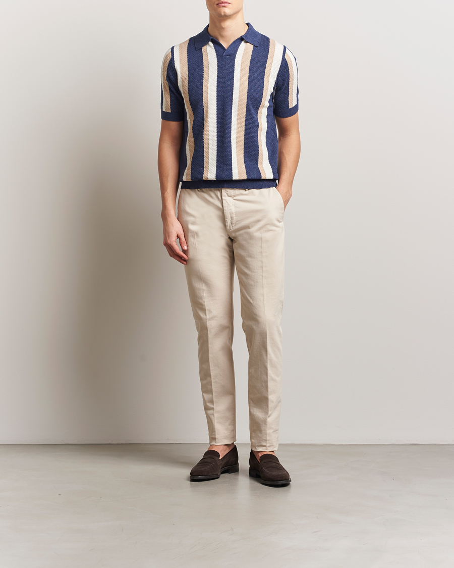 Herr | Pikéer | Stenströms | Knitted Textured Striped Cotton/Hemp Polo Dark Blue