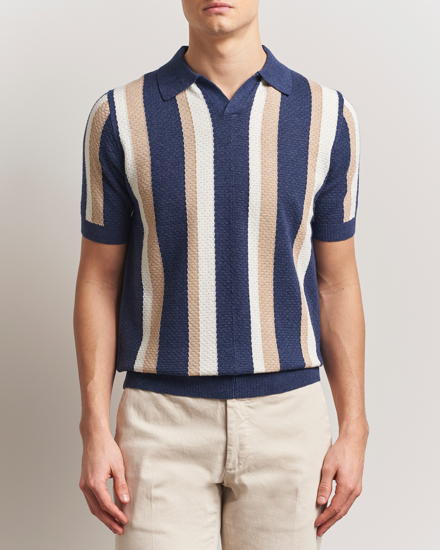 Herr | Pikéer | Stenströms | Knitted Textured Striped Cotton/Hemp Polo Dark Blue