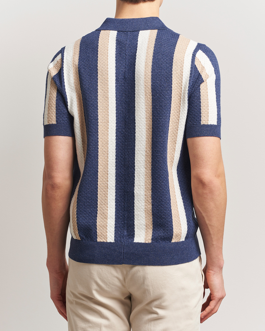 Herr | Pikéer | Stenströms | Knitted Textured Striped Cotton/Hemp Polo Dark Blue