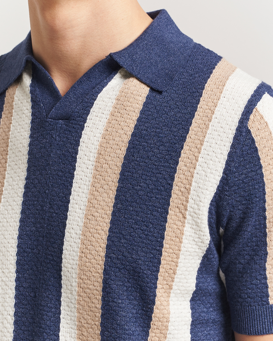 Herr | Pikéer | Stenströms | Knitted Textured Striped Cotton/Hemp Polo Dark Blue