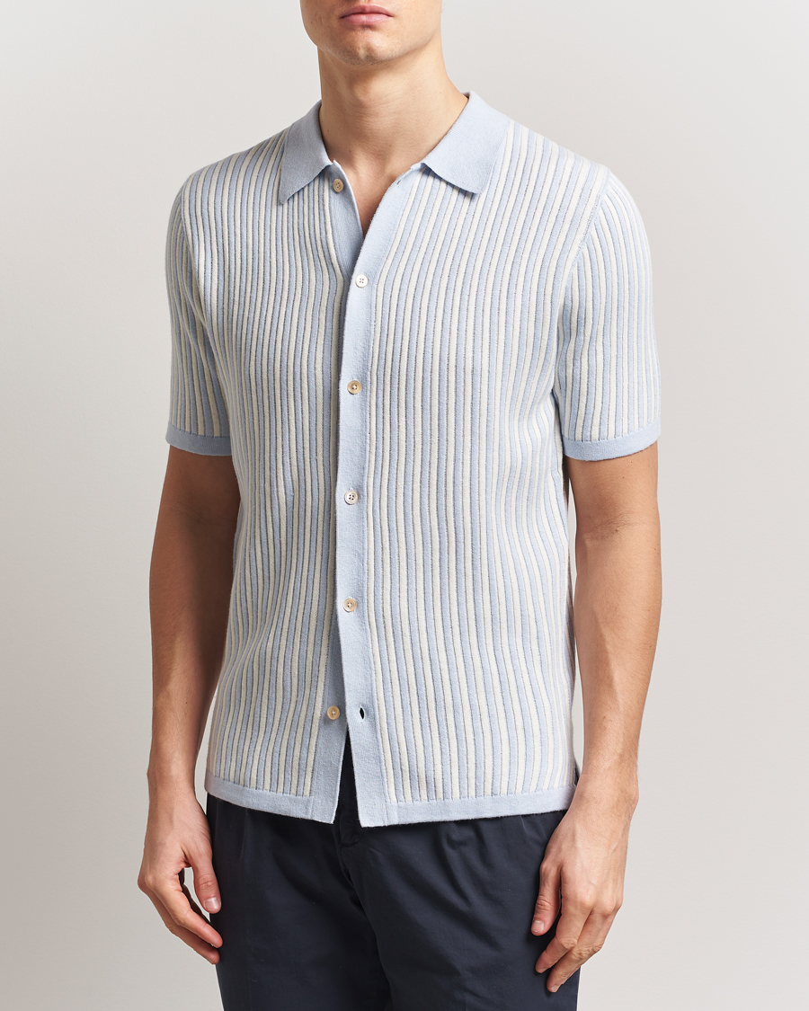 Herr | Skjortor | Stenströms | Knitted Buttonthru Polo Shirt White/Blue