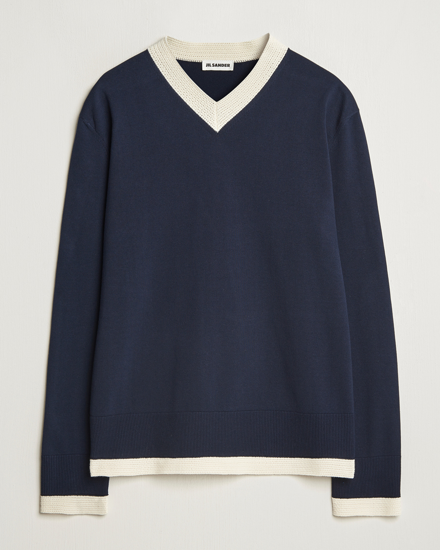Herr | Tröjor | Jil Sander | Contrast Trim V-Neck Sweater Navy