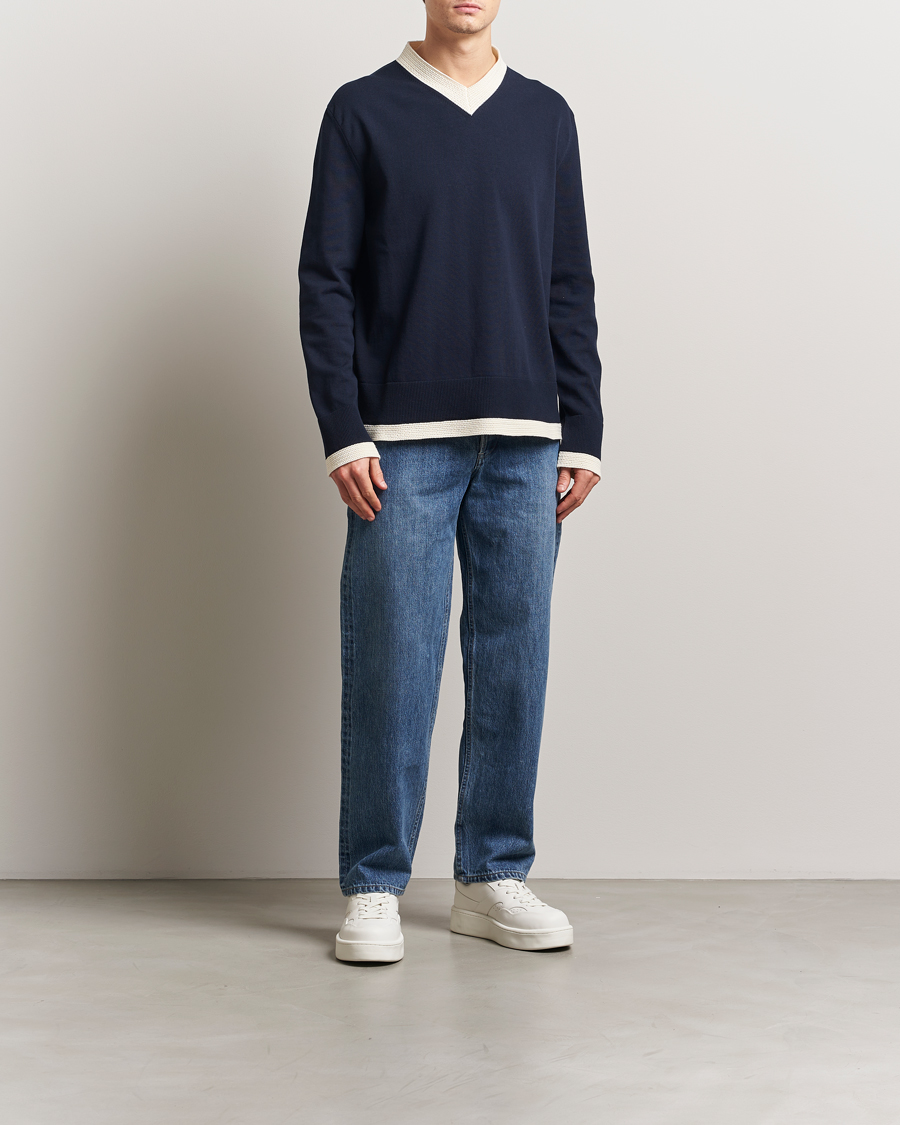 Herr | Tröjor | Jil Sander | Contrast Trim V-Neck Sweater Navy