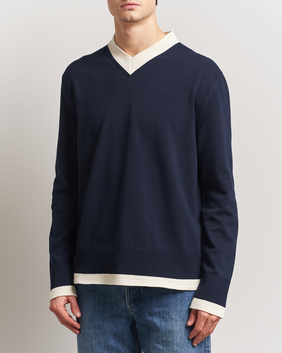 Herr | Tröjor | Jil Sander | Contrast Trim V-Neck Sweater Navy