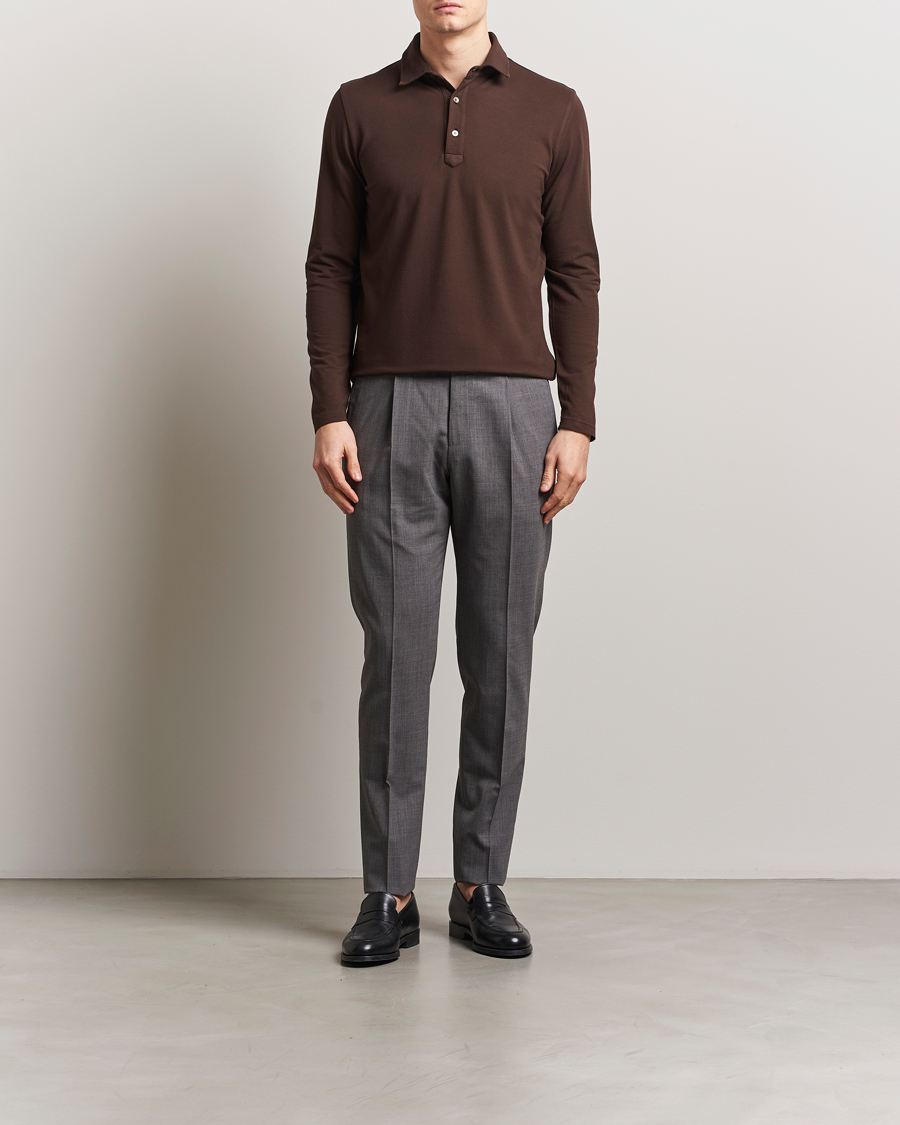 Herr | Pikéer | Zanone | Soft Cotton Piquet Long Sleeve Polo Dark Brown