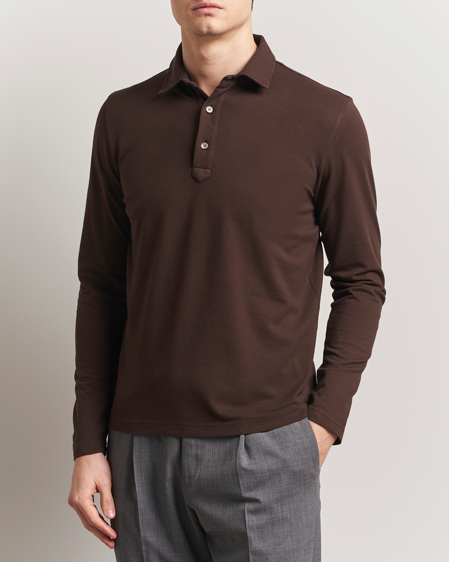 Herr | Pikéer | Zanone | Soft Cotton Piquet Long Sleeve Polo Dark Brown