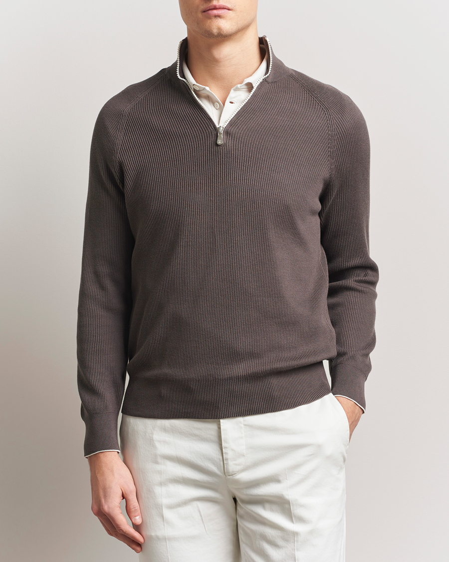 Herr | Tröjor | Brunello Cucinelli | Cotton Rib Half Zip Dark Brown