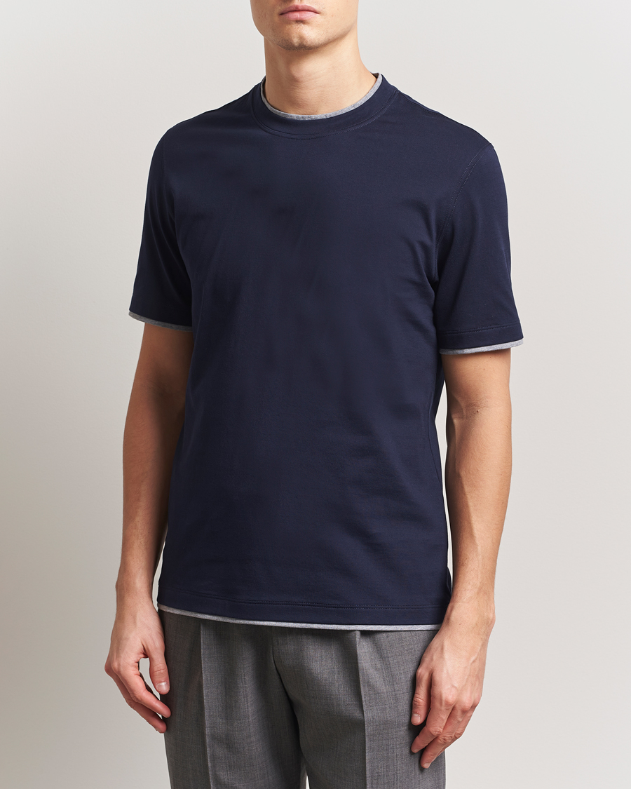 Herr | T-Shirts | Brunello Cucinelli | Short Sleeve Contrast T-Shirt Navy