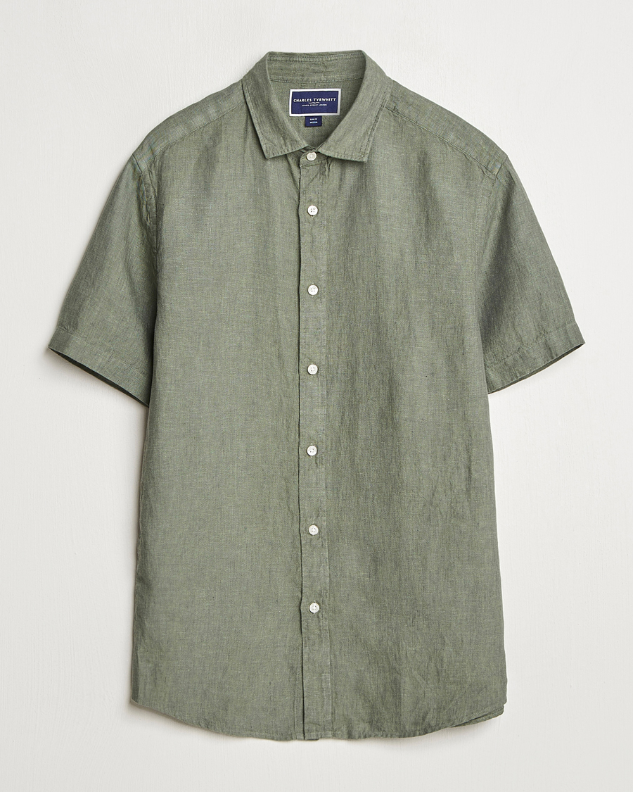 Herr | Skjortor | Charles Tyrwhitt | Pure Linen Short Sleeve Slim Fit Shirt Olive