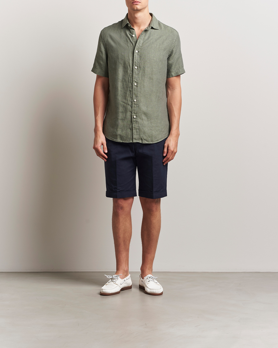 Herr | Skjortor | Charles Tyrwhitt | Pure Linen Short Sleeve Slim Fit Shirt Olive