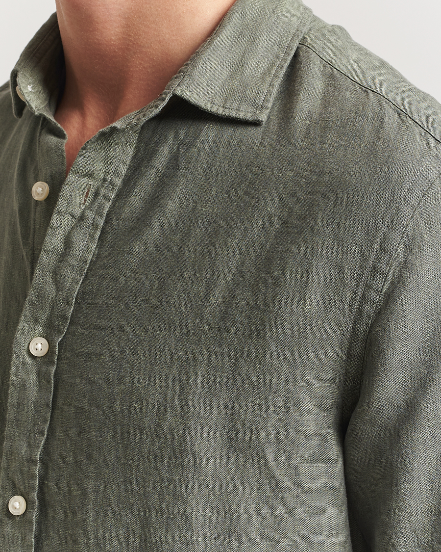 Herr | Skjortor | Charles Tyrwhitt | Pure Linen Short Sleeve Slim Fit Shirt Olive
