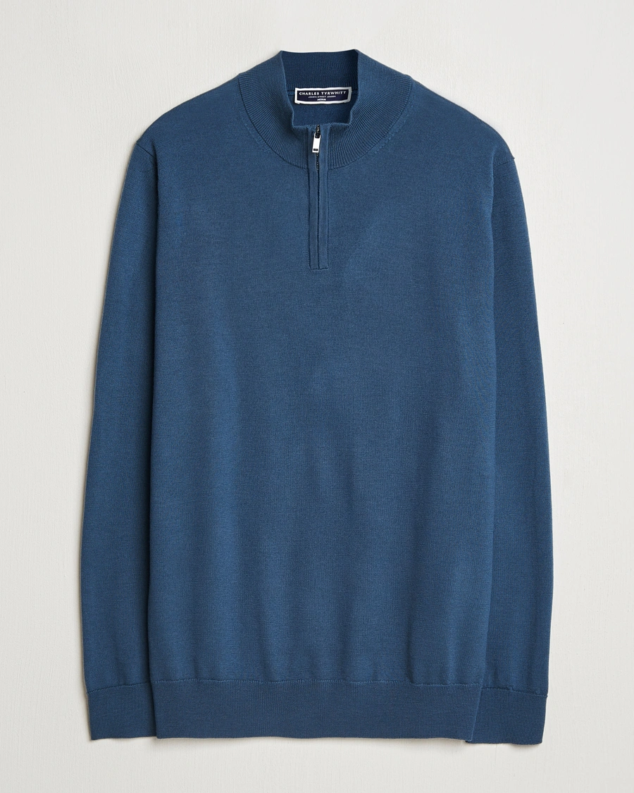 Herr | Tröjor | Charles Tyrwhitt | Pure Merino Zip Neck Jumper Petrol Blue