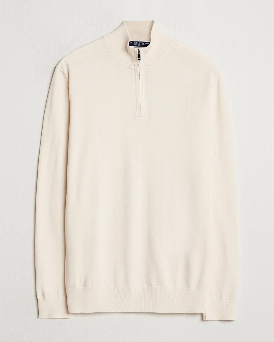 Herr | Tröjor | Charles Tyrwhitt | Pure Merino Zip Neck Jumper Cream