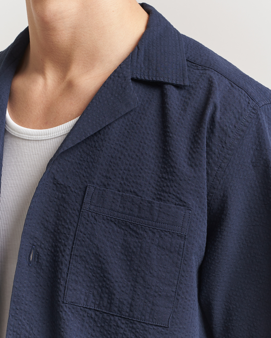 Herr | Skjortor | Forét | Hush Short Sleeve Seersucker Shirt Navy