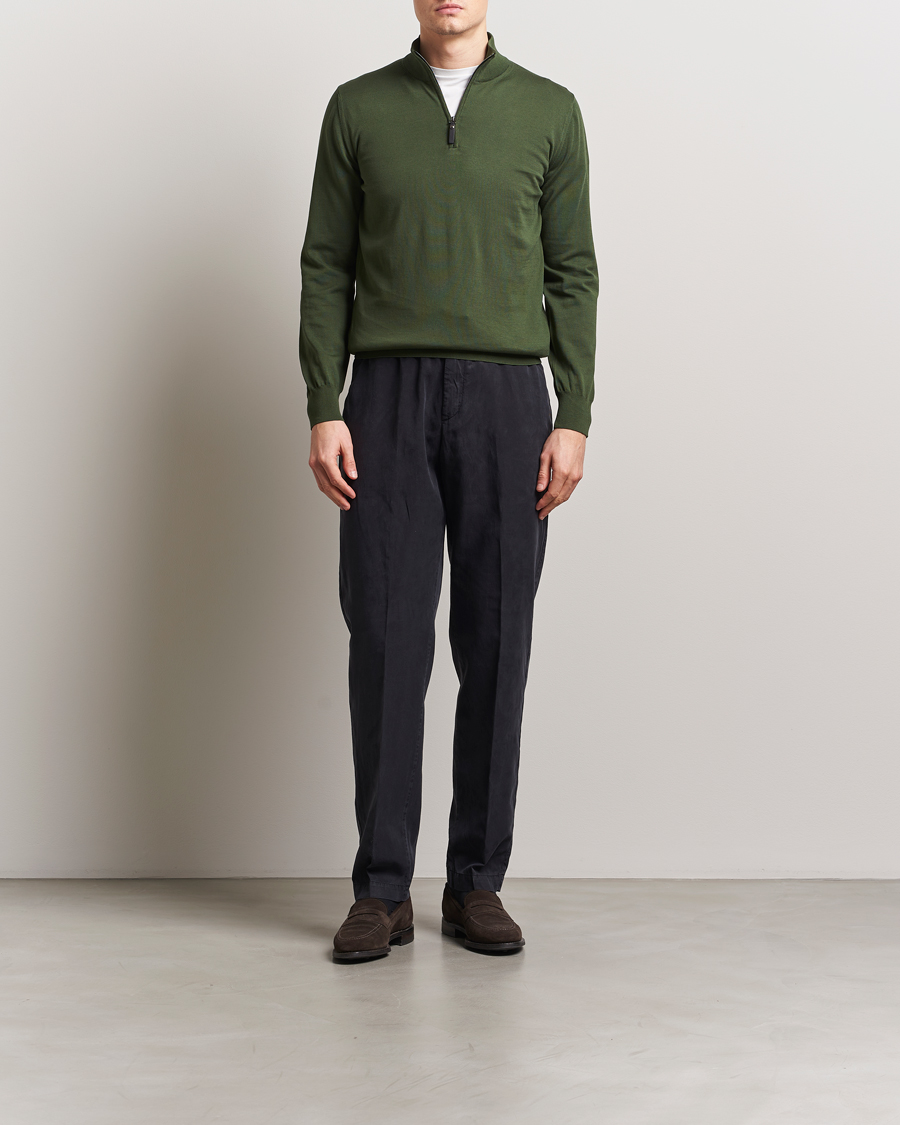 Herr | Tröjor | Canali | Cotton Half Zip Dark Green