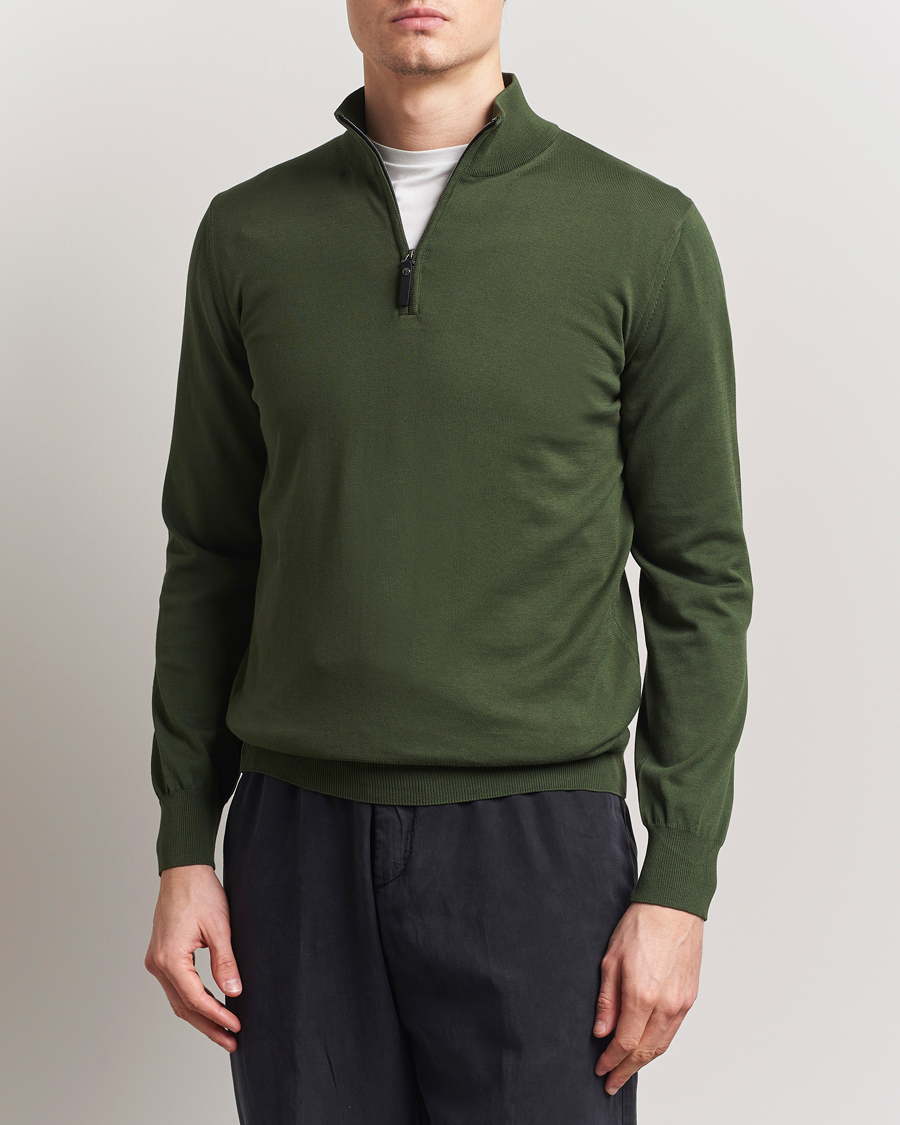 Herr | Tröjor | Canali | Cotton Half Zip Dark Green