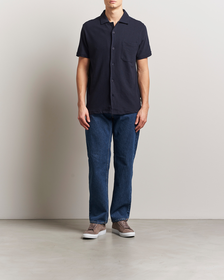 Herr | Skjortor | KnowledgeCotton Apparel | Short Sleeve Boucle Shirt Night Sky