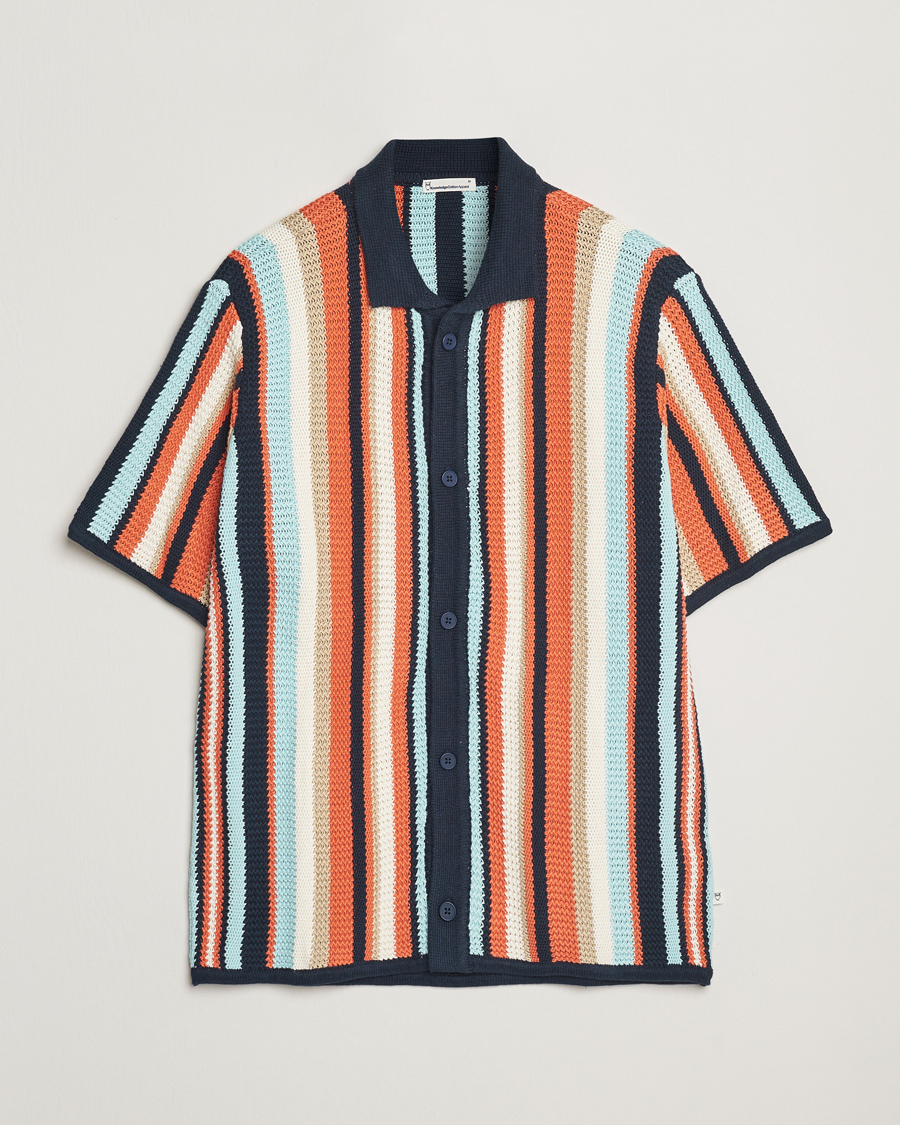 Herr | Skjortor | KnowledgeCotton Apparel | Knitted Multi Stripe Short Sleeve Shirt Blue