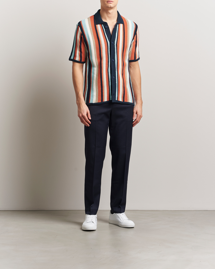 Herr | Skjortor | KnowledgeCotton Apparel | Knitted Multi Stripe Short Sleeve Shirt Blue