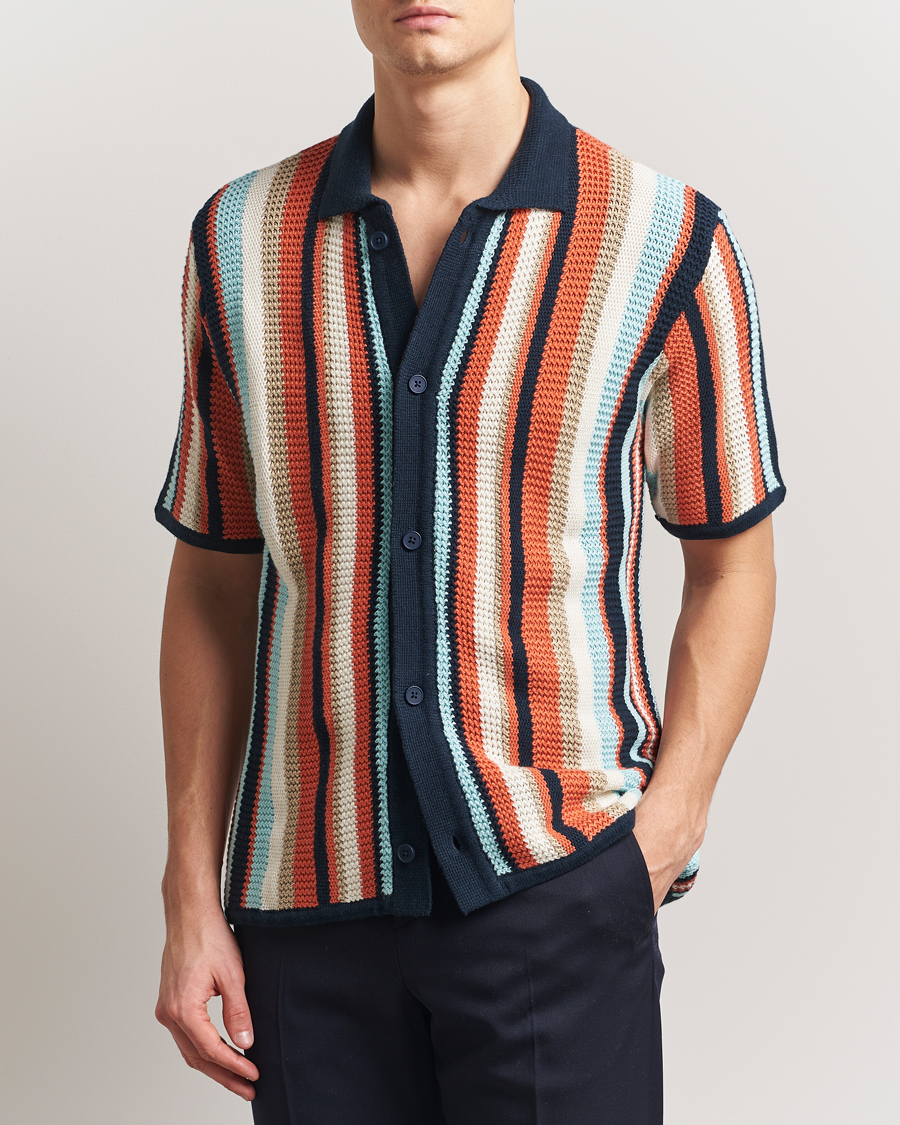 Herr | Skjortor | KnowledgeCotton Apparel | Knitted Multi Stripe Short Sleeve Shirt Blue