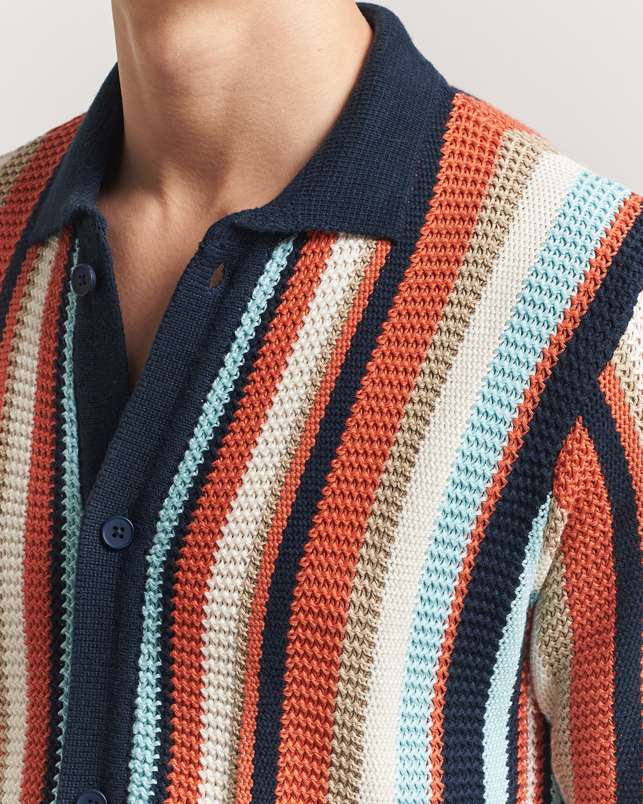 Herr | Skjortor | KnowledgeCotton Apparel | Knitted Multi Stripe Short Sleeve Shirt Blue