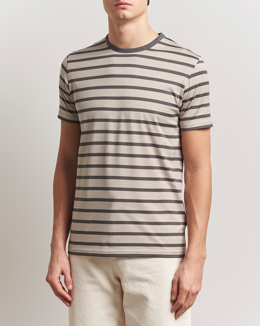 Herr | T-Shirts | Sunspel | Striped Crew Neck Q82 Cotton T-Shirt Grey