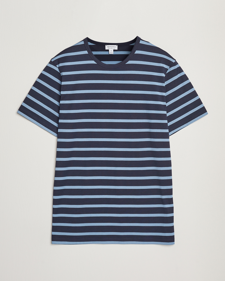 Herr | T-Shirts | Sunspel | Striped Crew Neck Q82 Cotton T-Shirt Navy/Como Blue