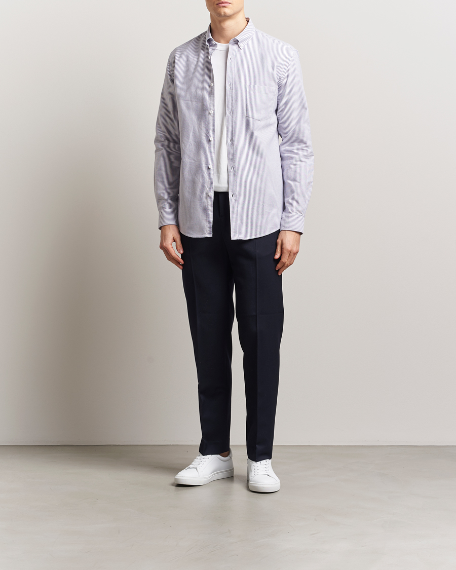 Herr | Skjortor | Sunspel | Striped Oxford Button Down Shirt White/Navy