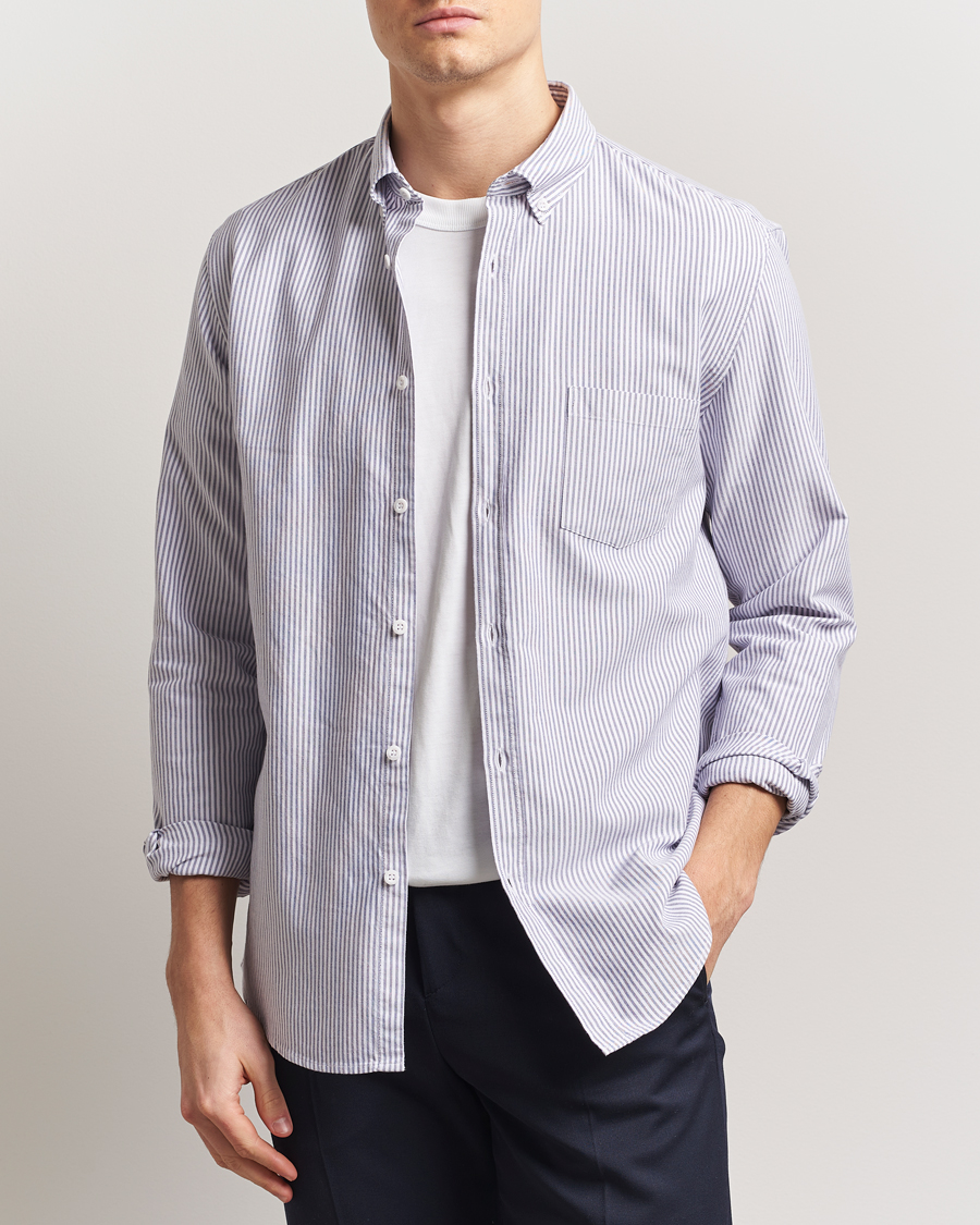 Herr | Skjortor | Sunspel | Striped Oxford Button Down Shirt White/Navy
