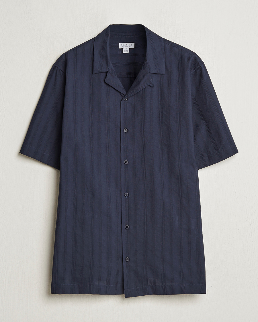 Herr | Skjortor | Sunspel | Embroidered Cotton Camp Shirt Navy