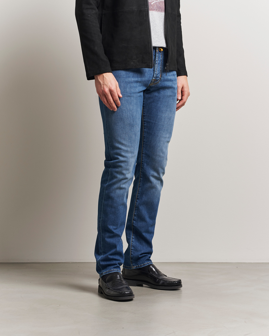 Herr | Jeans | Jacob Cohën | Bard Slim Fit Denim/Linen Jeans Mid Blue