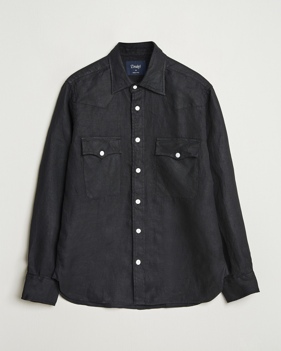 Herr | Skjortor | Drake's | Linen Twill Western Shirt Black