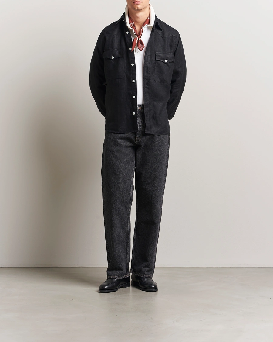 Herr | Skjortor | Drake's | Linen Twill Western Shirt Black