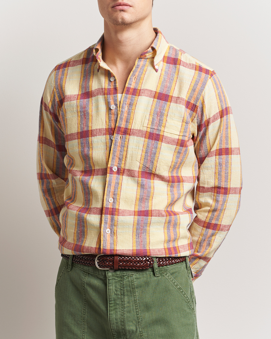 Herr | Skjortor | Drake's | Madras Cotton/Linen Button Down Shirt Yellow/Red/Navy