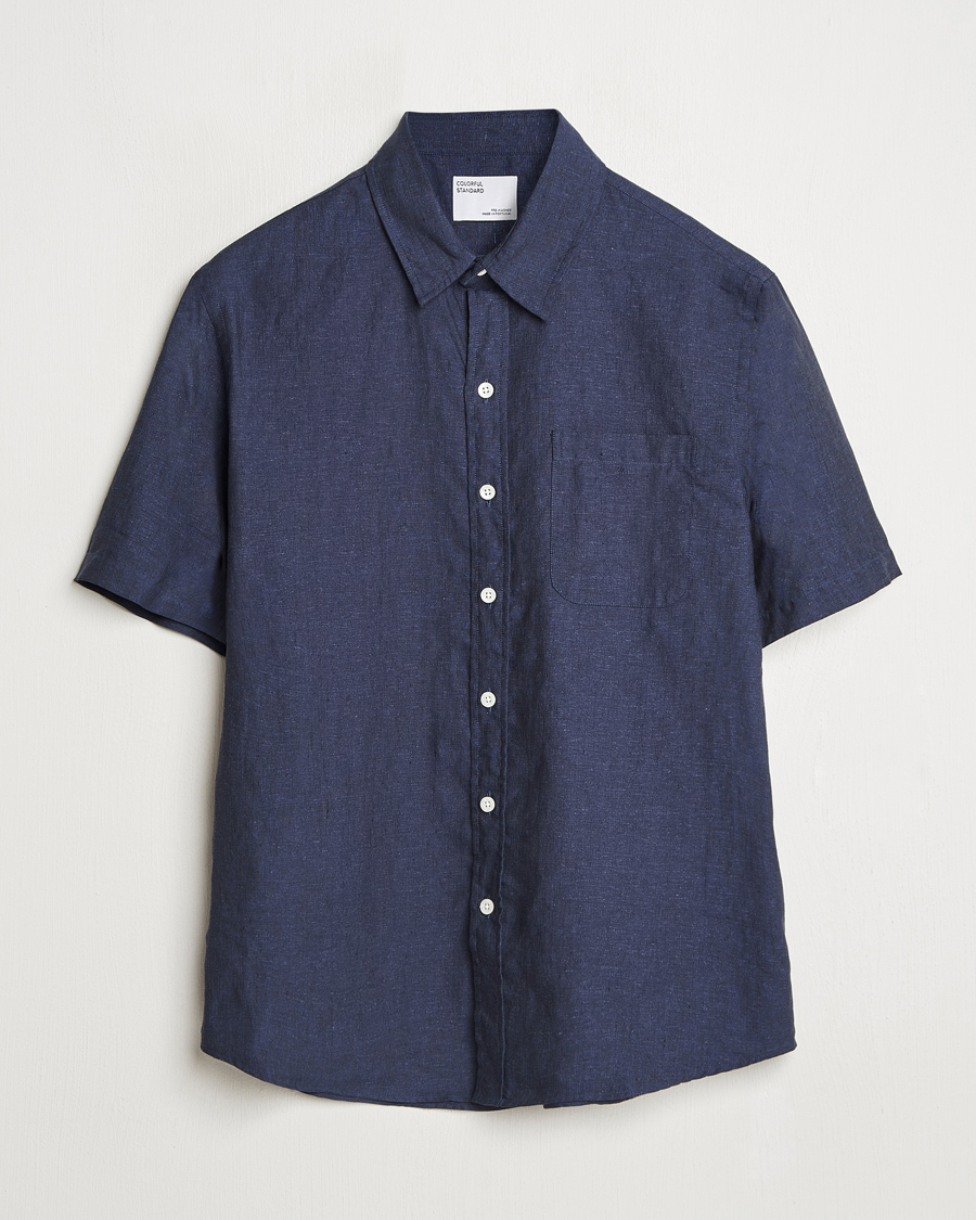 Herr | Skjortor | Colorful Standard | Garment Dyed Linen Short Sleeve Shirt Navy Blue