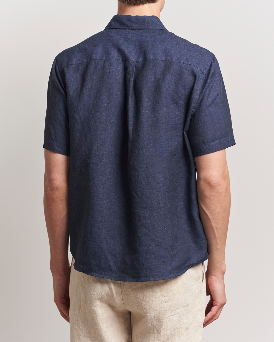 Herr | Skjortor | Colorful Standard | Garment Dyed Linen Short Sleeve Shirt Navy Blue