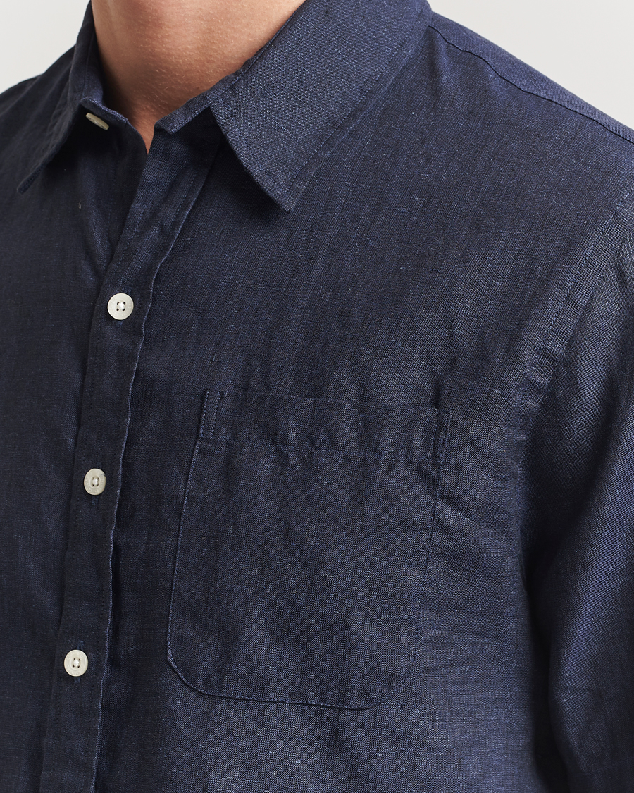 Herr | Skjortor | Colorful Standard | Garment Dyed Linen Short Sleeve Shirt Navy Blue