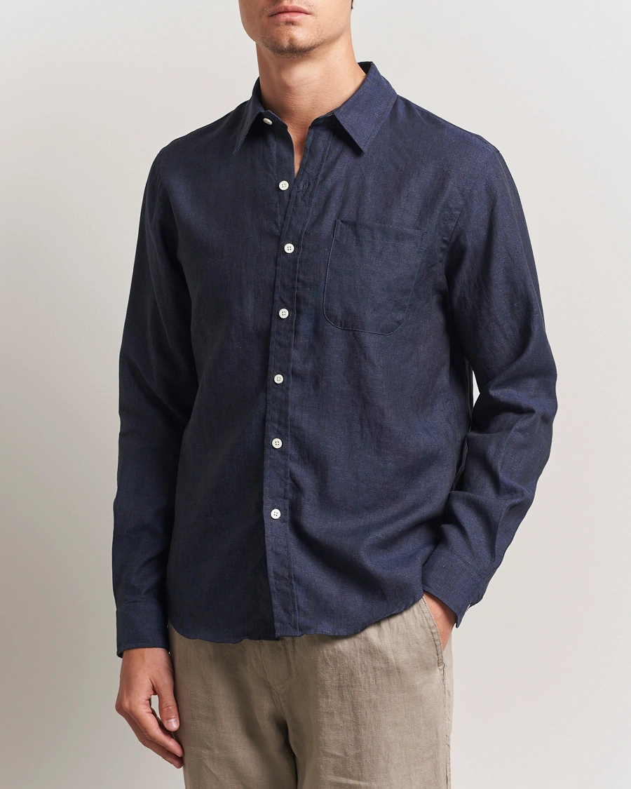 Herr | Skjortor | Colorful Standard | Garment Dyed Linen Shirt Navy Blue