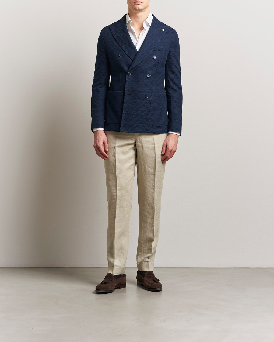 Herr | Kavajer | L.B.M. 1911 | Tom Double Breasted Herringbone Jersey Blazer Navy