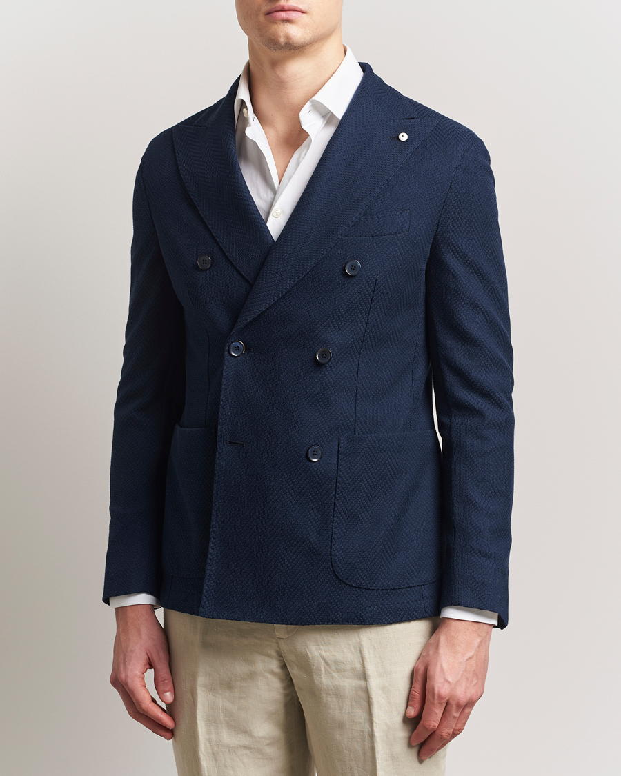 Herr | Kavajer | L.B.M. 1911 | Tom Double Breasted Herringbone Jersey Blazer Navy