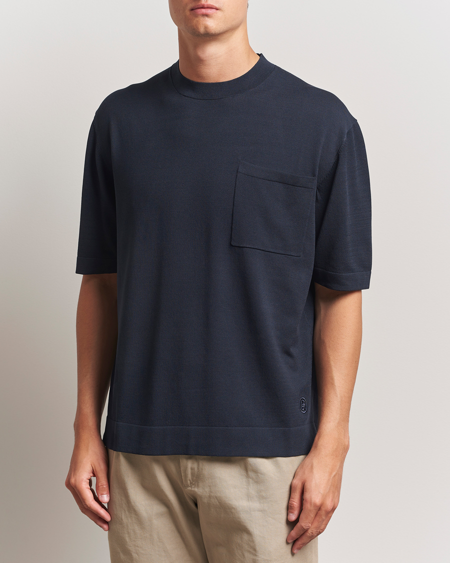 Herr | T-Shirts | BOSS BLACK | Jervaiso Cotton/Silk Knitted T-Shirt Dark Blue